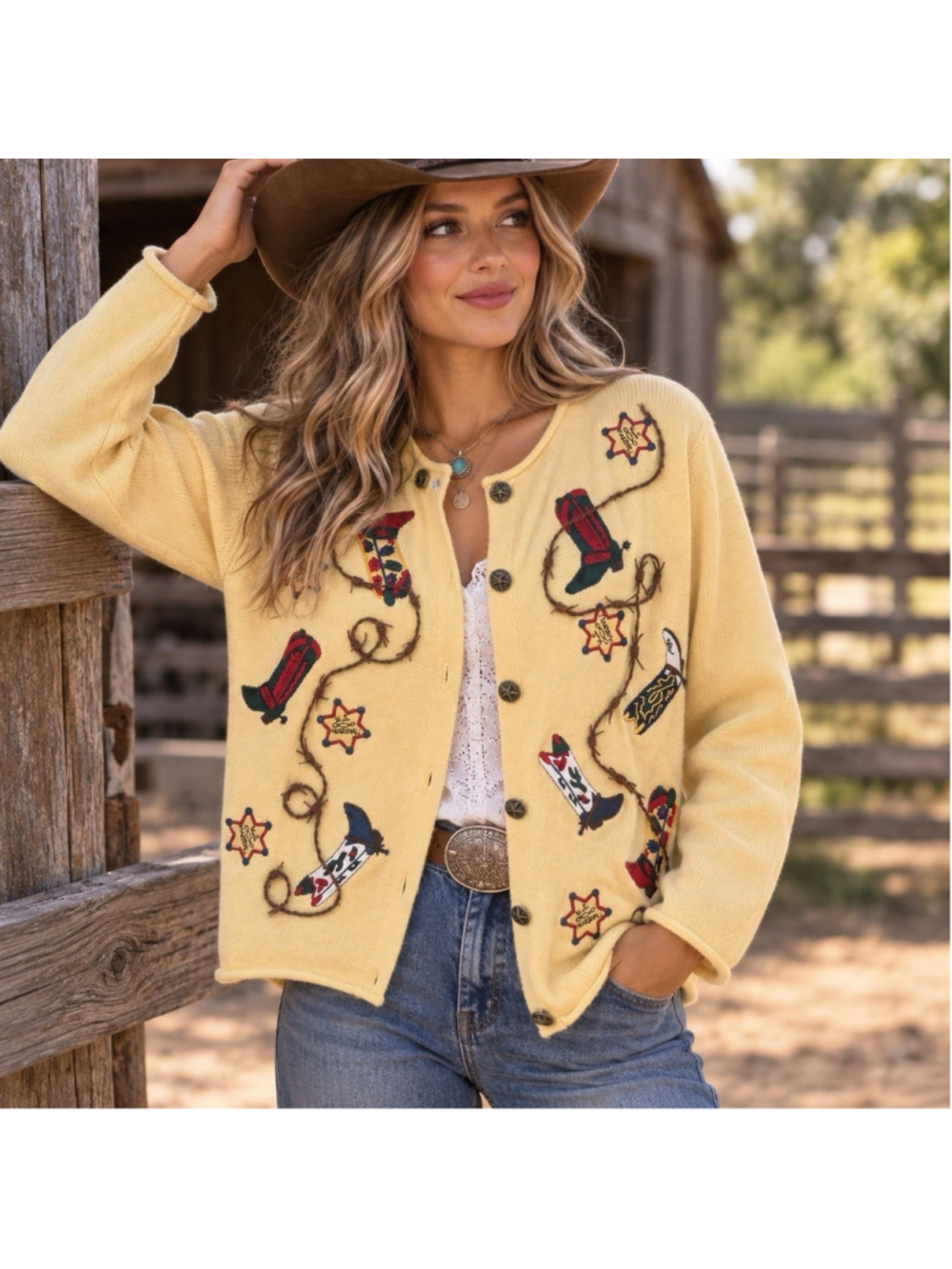 Vintage 90s Rough Rider Western Cowboy Boot Lasso Cardigan Sweater Medium